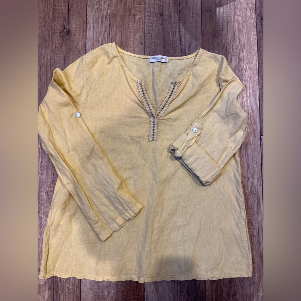 Yellow Made in Italy Linen Blend Long Sleeve with Roll-Tab Sleeve
